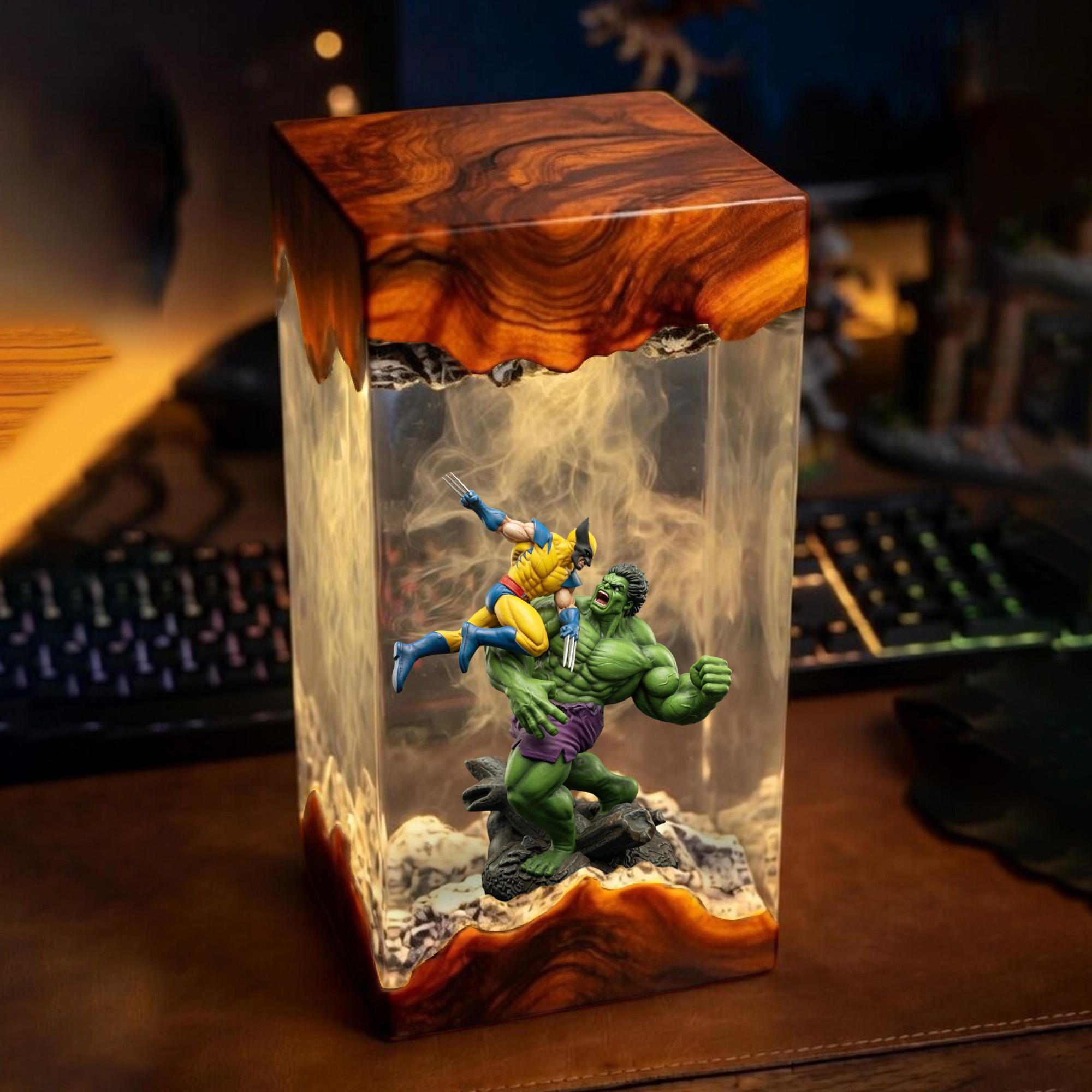 Wolverine Vs Hulk Resin Lamp Marvel Diorama Night Light Superhero Epoxy Lamp Custom Gaming Room Decor Handmade Collectible Gift-3